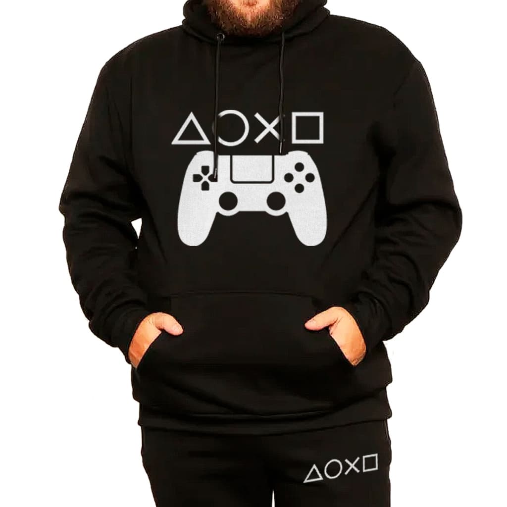 Conjunto Blusa Canguru Capuz E Calça Moletom Retrô Botões Jogo Controle Video Game P ao G5