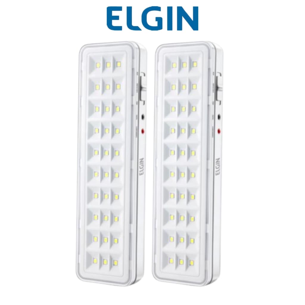 Kit 2 Luminárias de Emergência 30 LEDs 2W Recarregável Bivolt Elgin Luz Emergencial Branco Frio