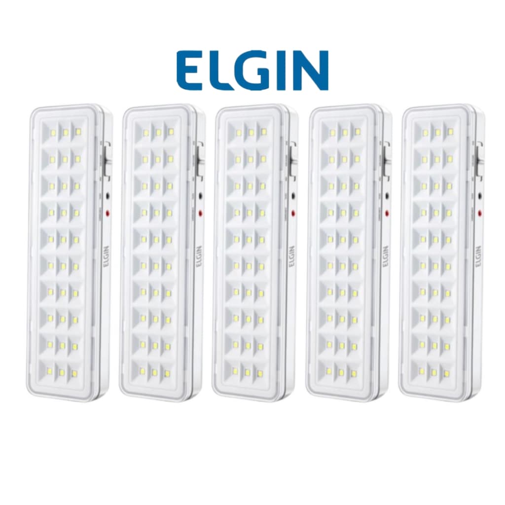 Kit 5un Luminária de Emergência Elgin 30 LEDs 2W Recarregável Bivolt Luz Emergencial 110/220V Fria