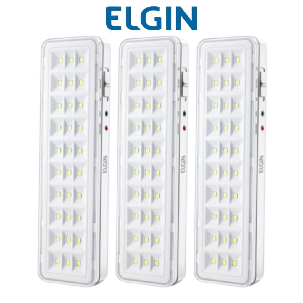 Kit 3 Luminárias de Emergência 30 LEDs Recarregável 2W  Bivolt Elgin Luz Emergencial 110/220V