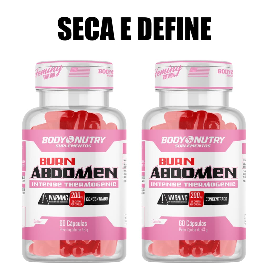 Kit 2x Burn Abdomen Pré Treino 60 Cáps 200mg Cafeína Pura Energia Metabolismo Energético Body Nutry