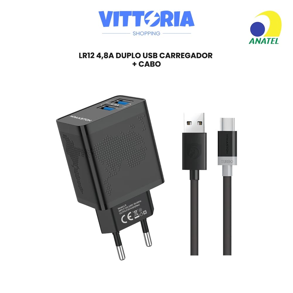 Carregador Turbo 4,8A LR-12 com Cabo 2 Portas USB Carregador Rápido para iPhone / Samsung / iPad