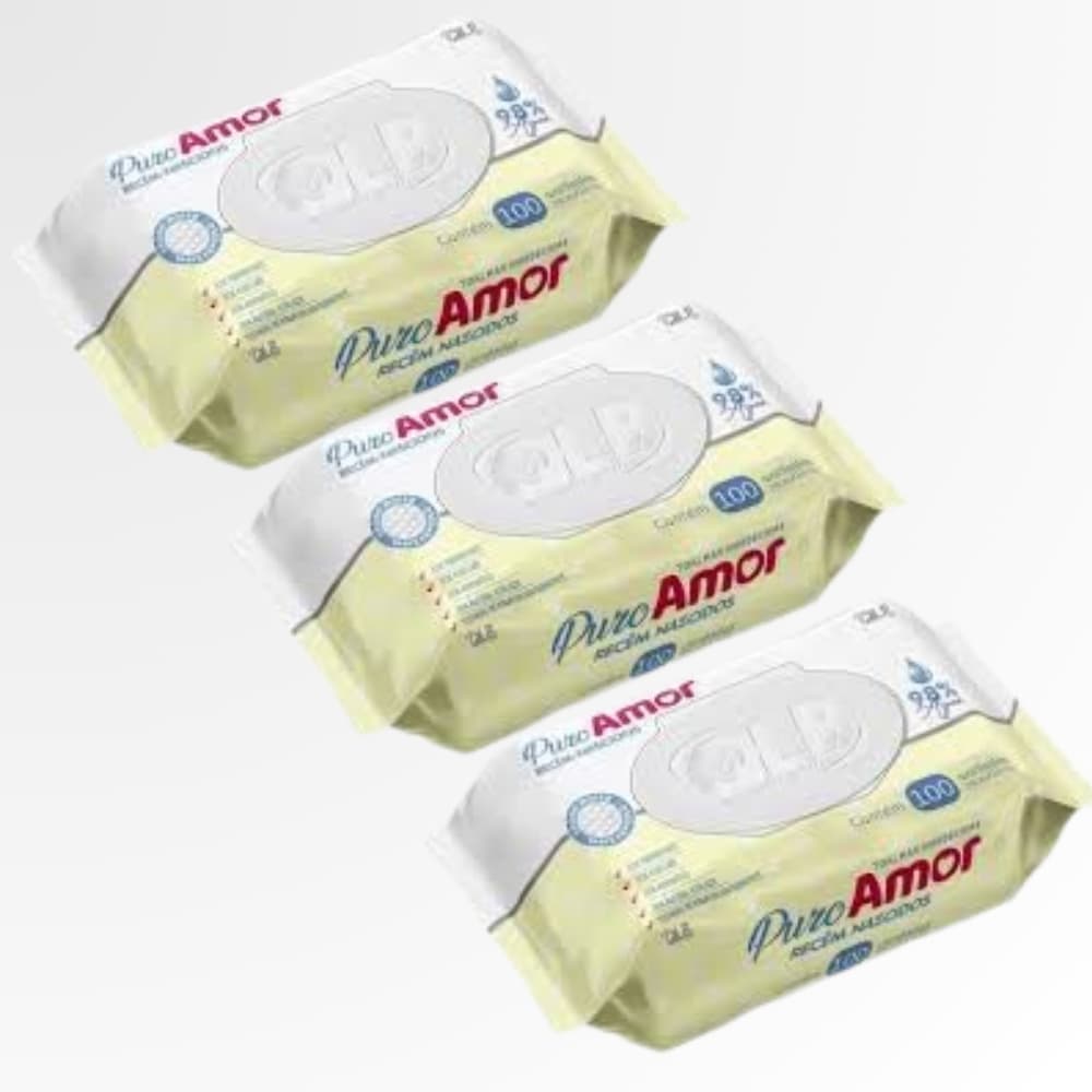 Kit 3 Lenços Umedecidos Puro Amor RN 98% Água - 300 Unidades - Tampa Flip Top