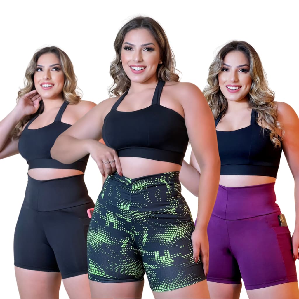 Kit 3 Shorts de Academia feminino com Bolso ou Estampado Suplex Premium Roupa fitness