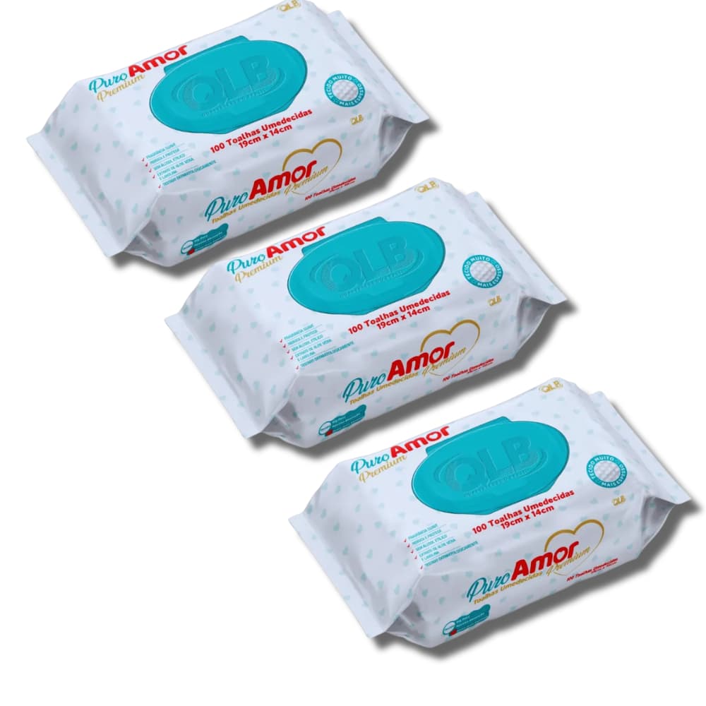 Kit 3 Pcts Toalha Umedecida Puro Amor Premium - 98% Água - 300un