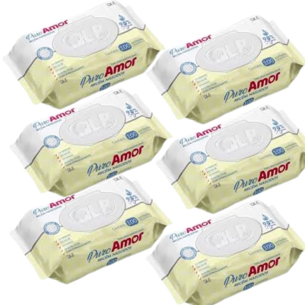 Kit 6 Lenços Umedecidos Puro Amor RN 98% Água - 600 Unidades - Tampa Flip Top