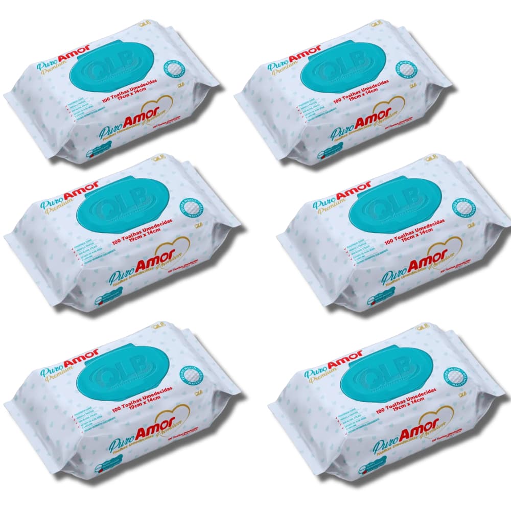 Kit 6 Lenços Umedecidos Puro Amor Premium 98% Água - 600un