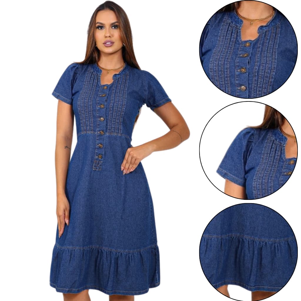 Vestido Casual Feminino Com Manga Vestido Jeans Botão