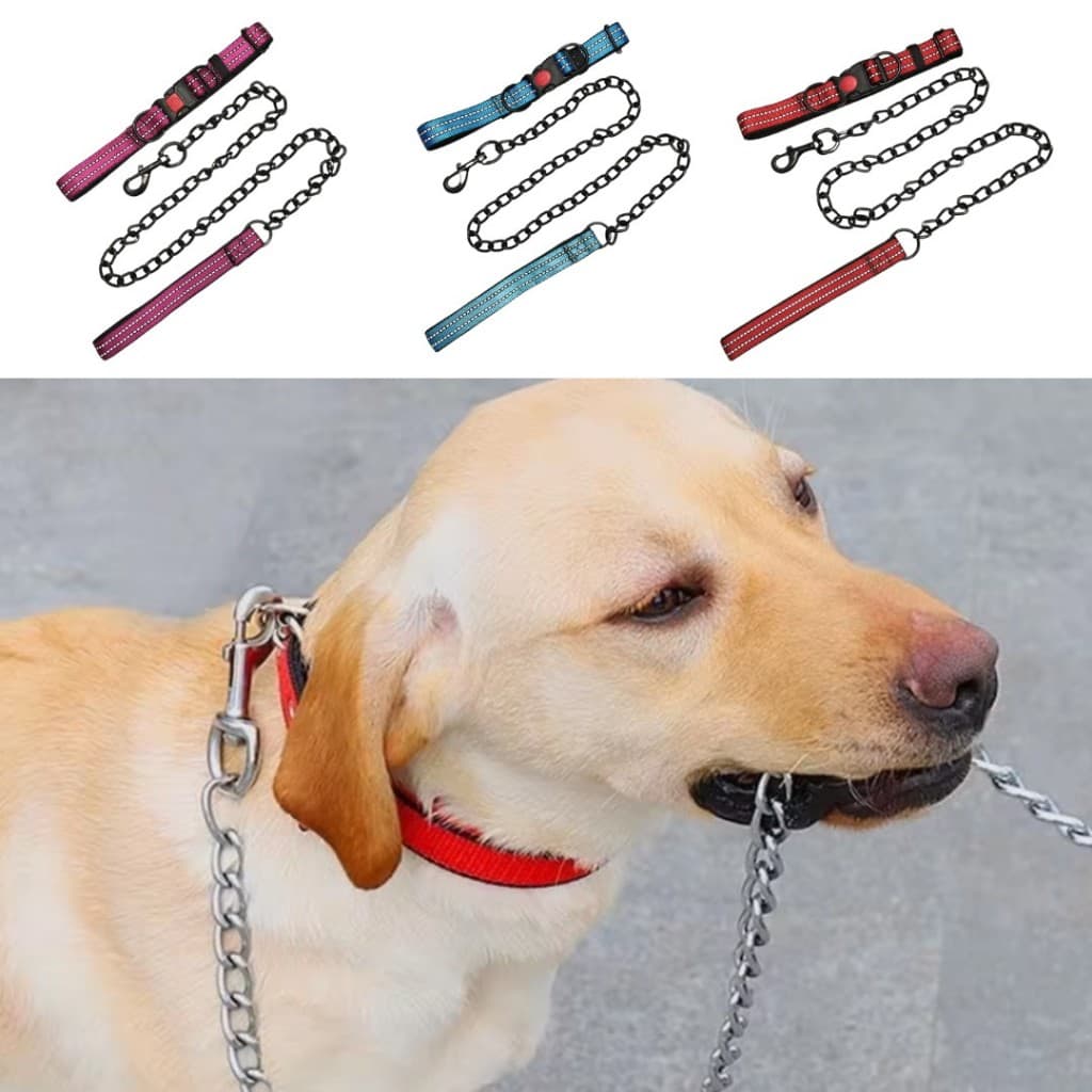 Kit Guia e Coleira Anti-Mordida Reforçada Ajustável Refletivo Corrente Cachorro Grande Médio Porte Confortável Pet