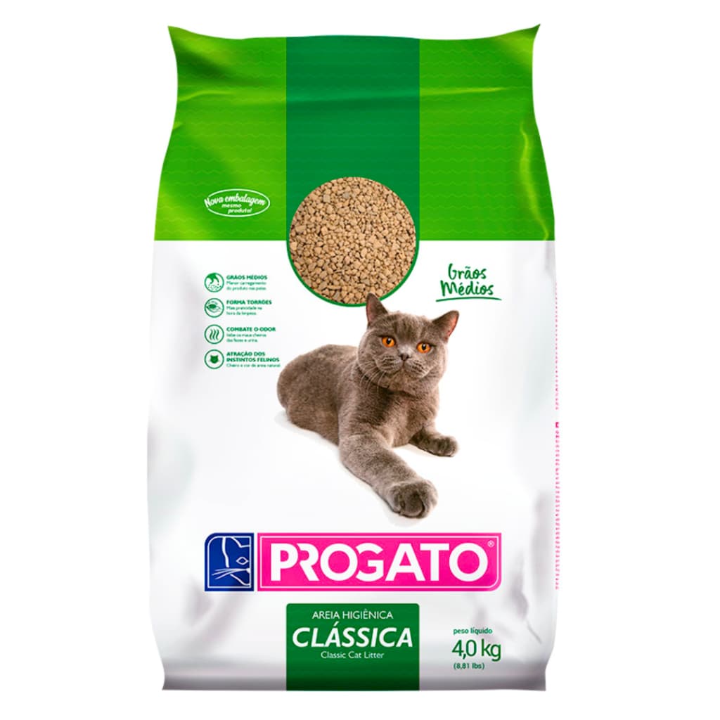 Areia Higiênica Progato Clássica Sanitária Grão Médio para Gatos 4kg
