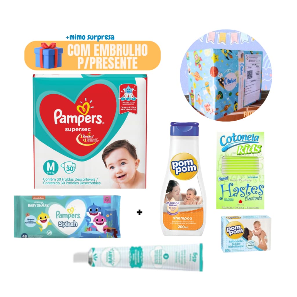 Kit Fraudas Discartaveis Pampers Splash BabyShark Lencinhos E Pomada Assadura