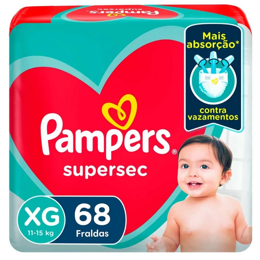 1 Pacote Fraldas Infantil Bebê Pampers Supersec - Tamanho XG C/68 Unidades