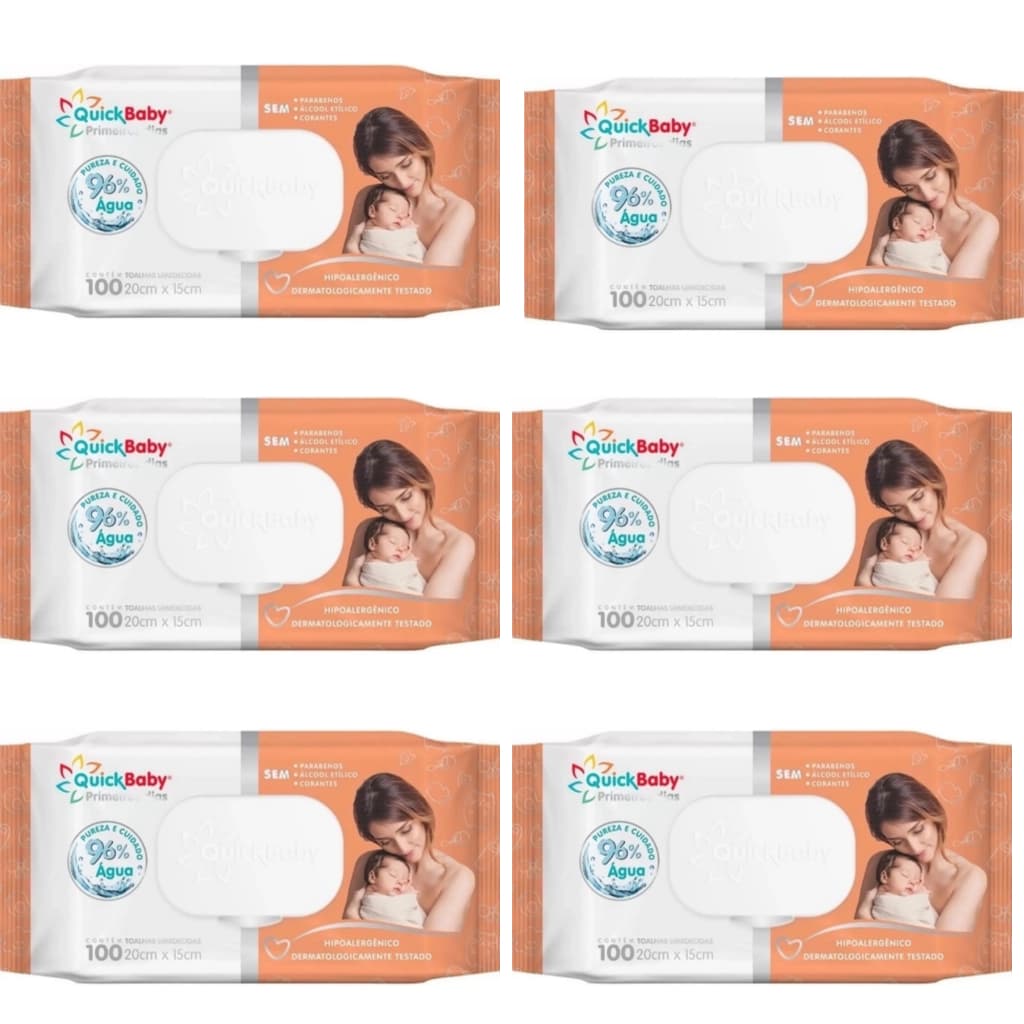 Kit 6 Lenços Umedecidos Quick Baby Premium Care 600un RN