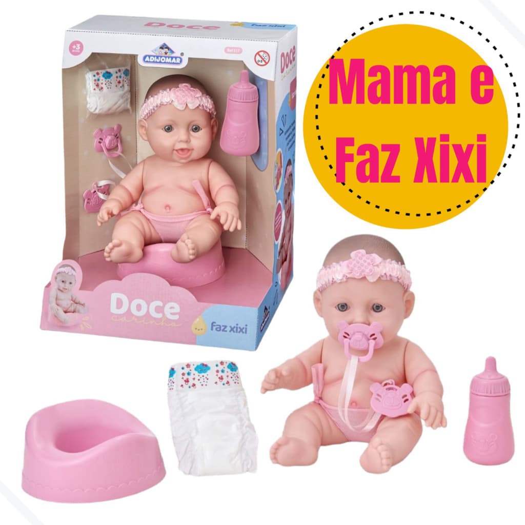 Boneca Bebê Faz Xixi de Verdade + Fralda Mamadeira Pinico e Chupeta Brinquedo Faz de Conta Adijomar