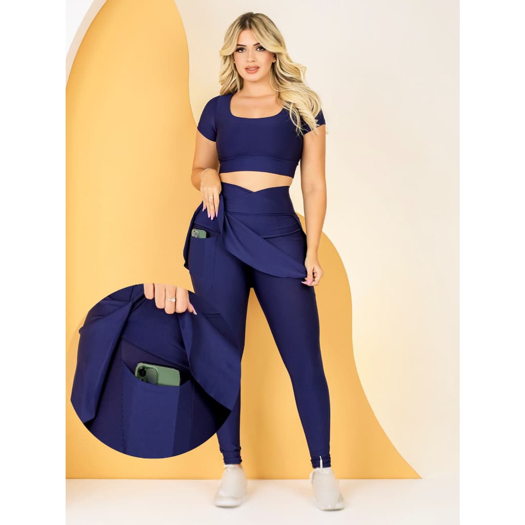 Conjunto Fitness Feminino Calça Legging Saia Com Bolso Moda Evangélica + Top Cropped Academia Suplex The Start