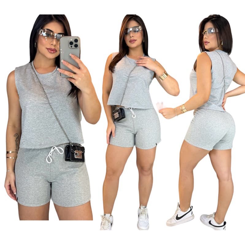 Conjunto Feminino Cropped Regata + Shorts Moletom Algodão Confortável