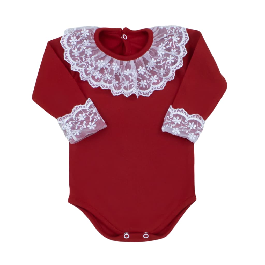 Body Bebê Menina com Renda na Gola e Punhos Roupa de Bebê Menina Suedine 100% Algodão Luxo