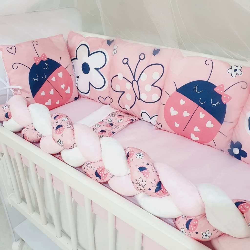 Kit Mini Berço com 12 peças + Saia de Berço Bebê Menina Joaninha