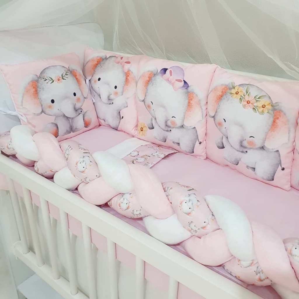 Kit Mini Berço com 12 peças + Saia de Berço Bebê Menina Elefantinho Rosa