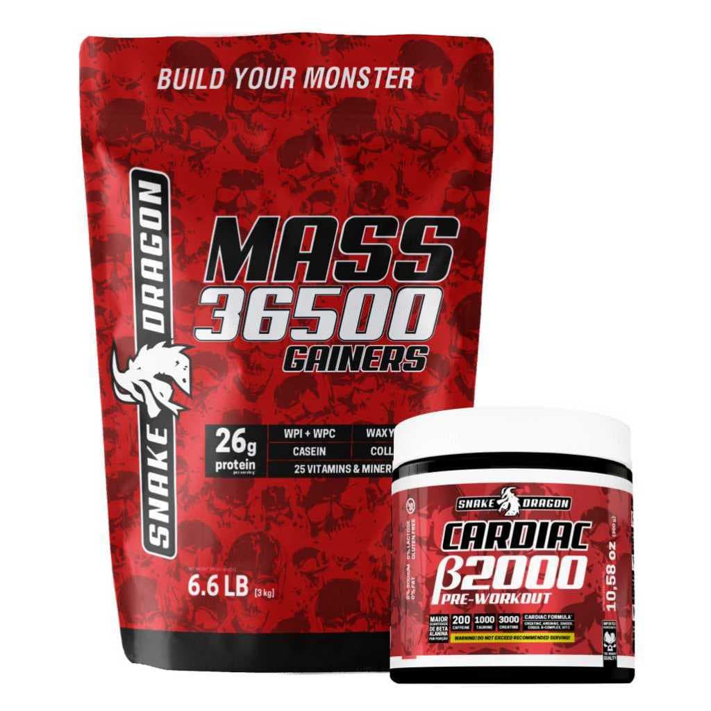 Suplemento Hipercalorico Mass 36500 3kg Para GANHO DE MASSA + Pré Treino EXTRA Forte - CARDIAC 300g