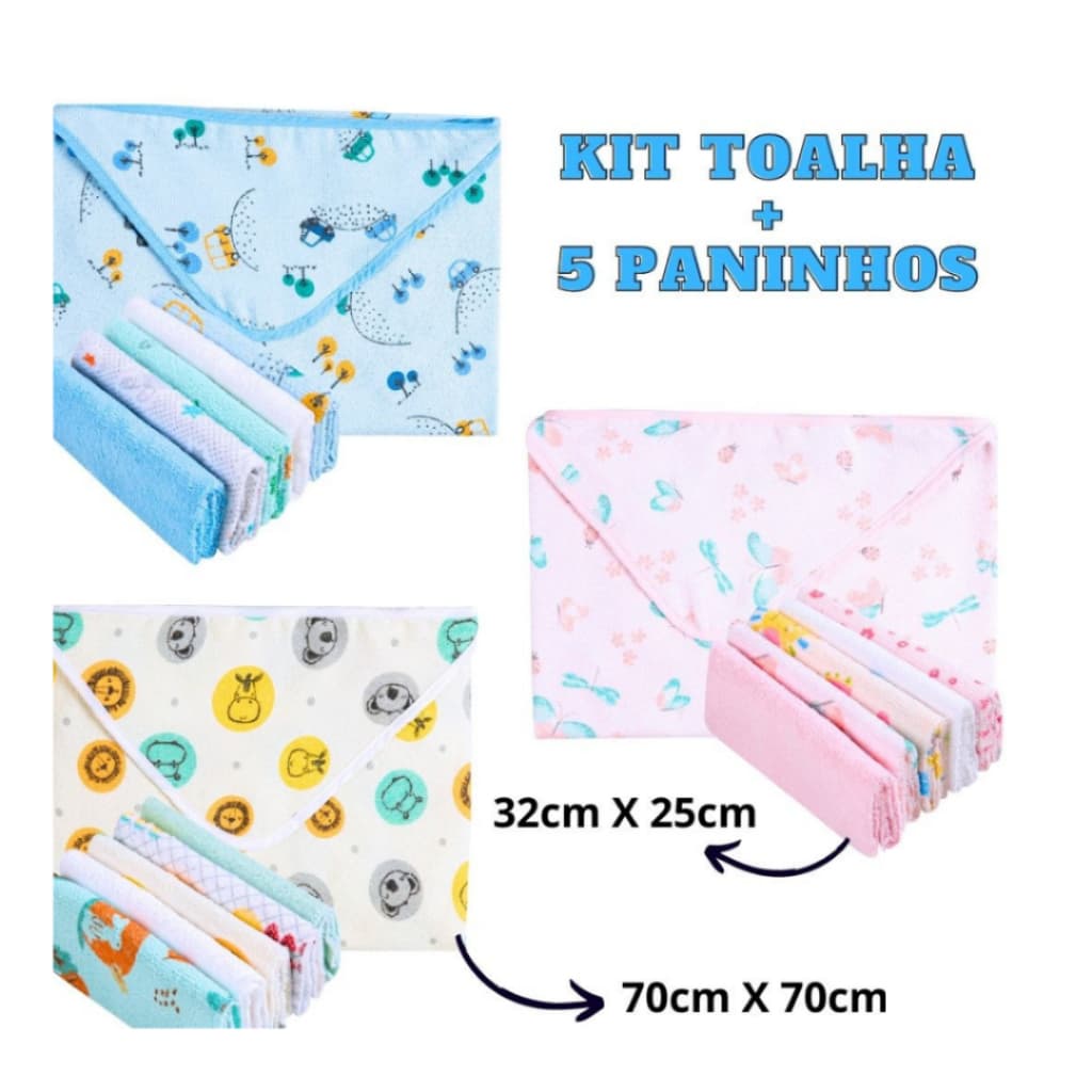 Kit Toalha Bebê Enxoval 6 Peças Enxoval Bebê - Toalha + 5 Paninhos