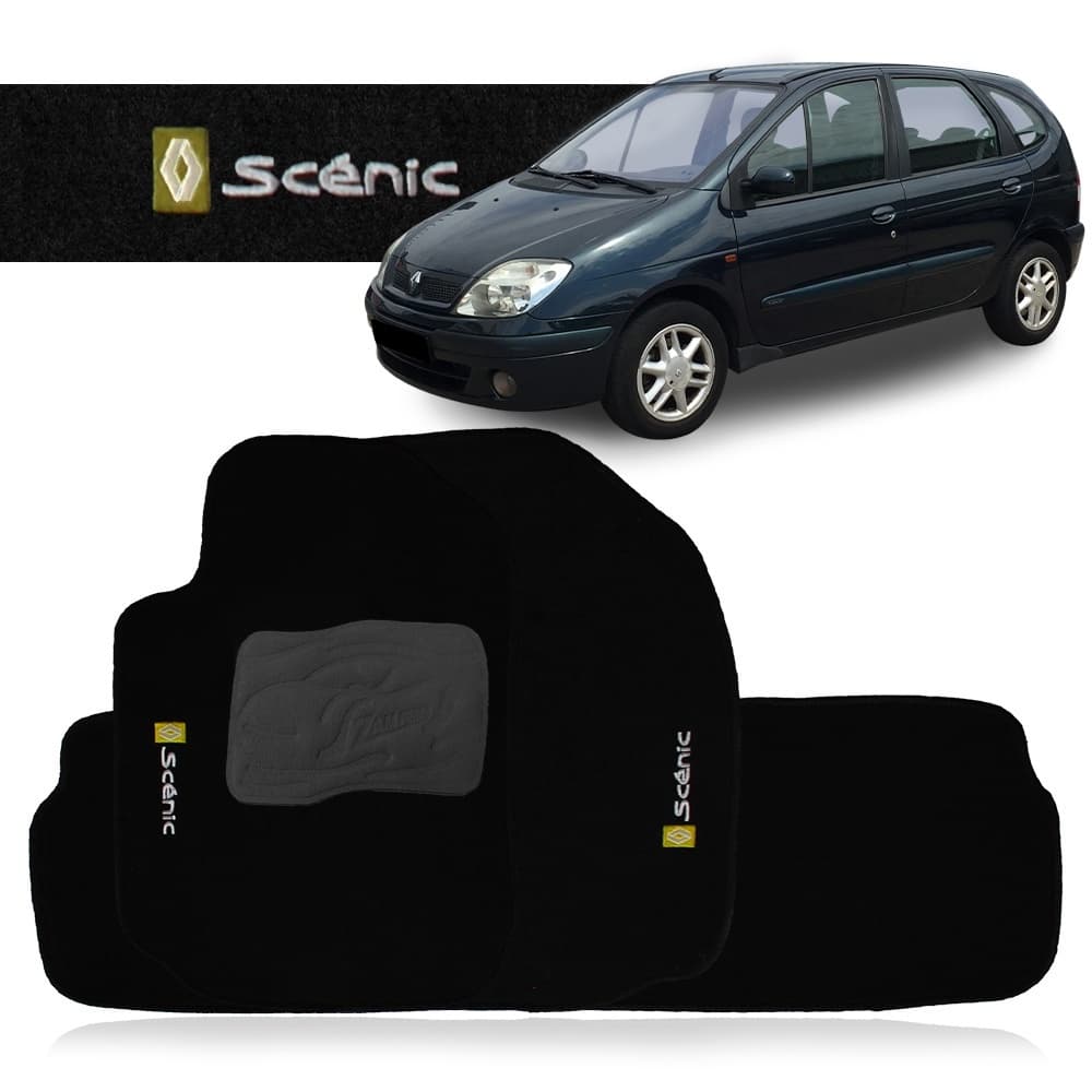 Tapete Scenic 1999 a 2011 Renault Carpete Automotivo Bordado Logo Traseira Inteiriça Preto 3 Peças