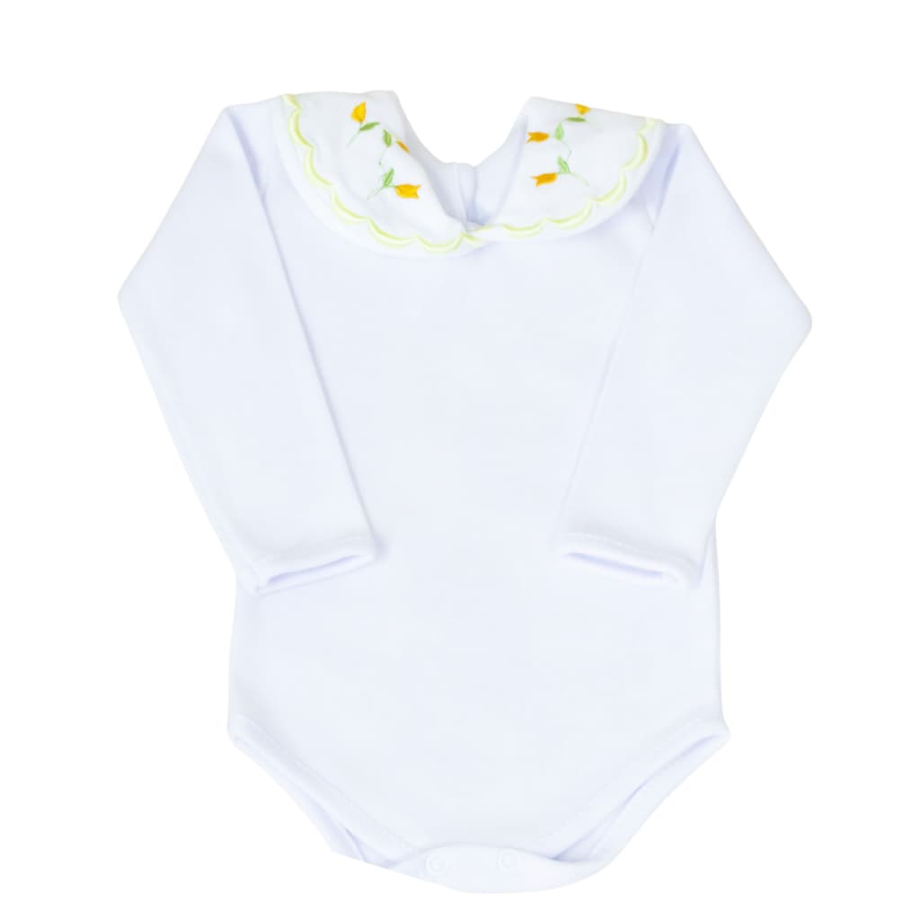 Body Bebe Menina Gola Bordada Flores Amarelas Delicado Suedine 100% Algodão Roupas de Bebê Luxo