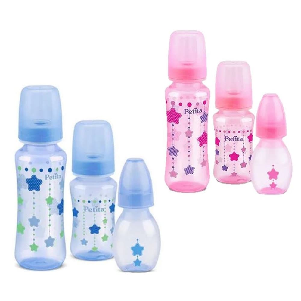 Kit Com 3 Mamadeiras Bebê Bicos de Silicone Petita Azul Rosa