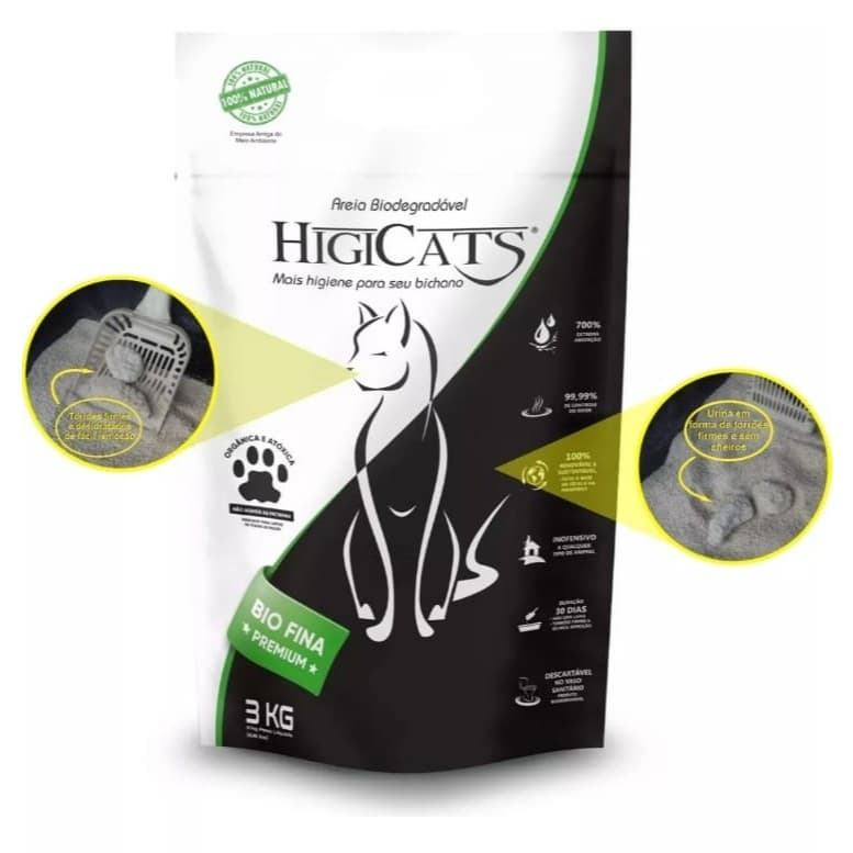 3kg Areia Sanitária HigiCats Natural Biodegradável Gatos