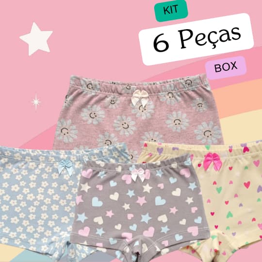 Kit 6 Calcinhas Box Boxer Menina Criança Bebê Malha Cotton Algodão Estampada Tapa Fralda 2 a 10 Anos