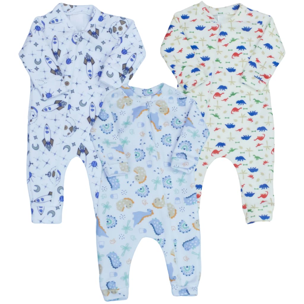 Kit Macacão Bebe Zíper Soft Estampado Menino Menina 3pçs Quente Inverno Roupas de Bebê Pijama