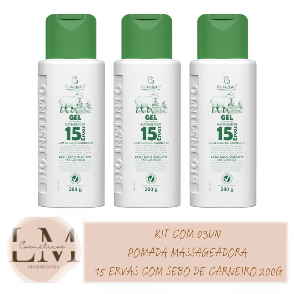 Kit com 03un Pomada Massageadora 15 Ervas Com Sebo De Carneiro Bio Instinto 200g