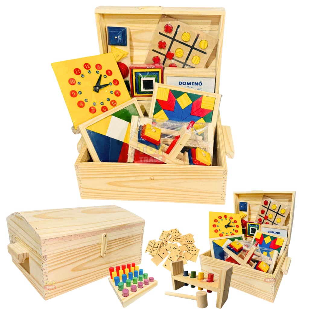 Baú Pedagógico com 10 Jogos Educativos Brinquedos de Madeira Kit Brinquedos Educativos Toy Trade