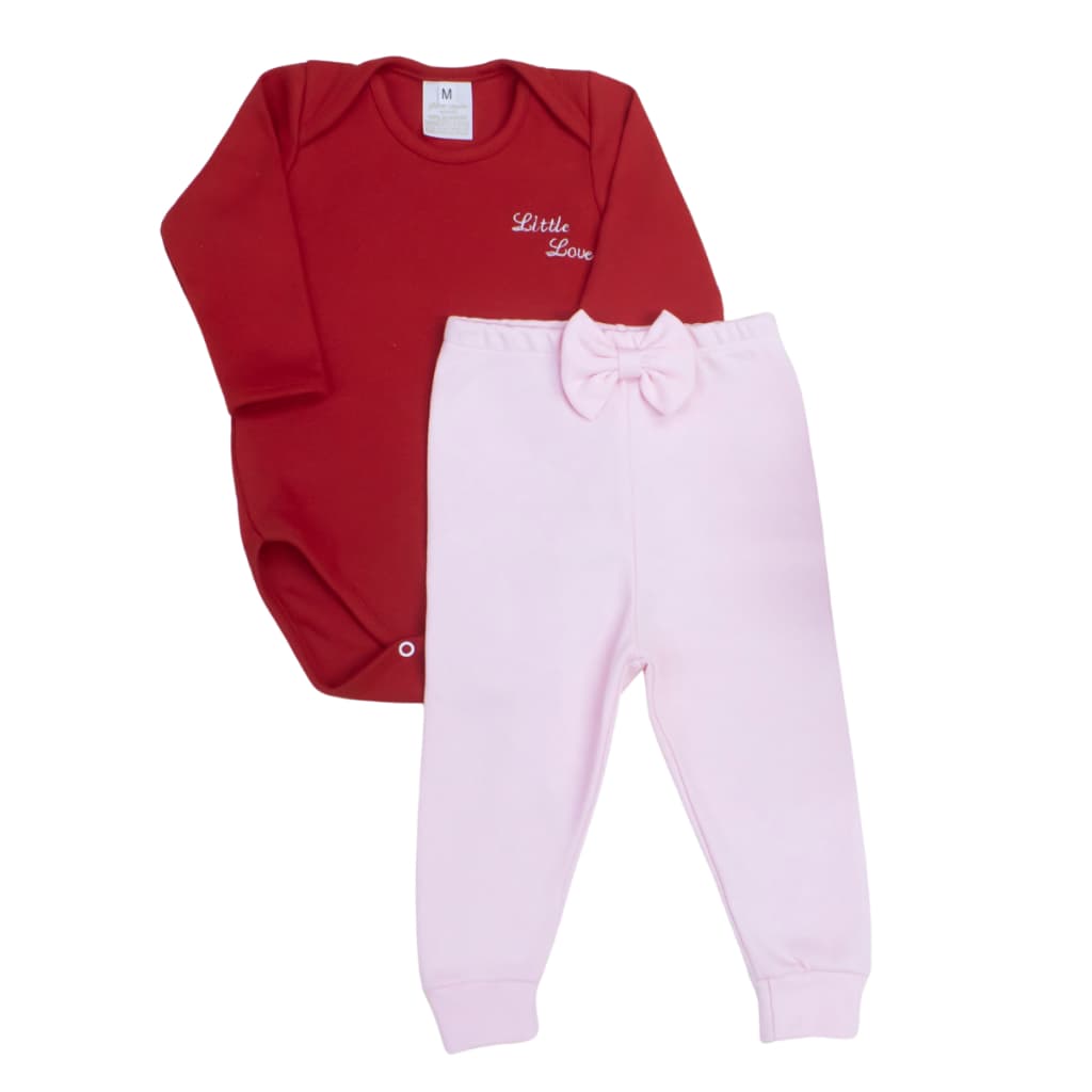 Conjunto Body e Calça Bebê Menina Bordado Little Love Luxo Roupas de Bebê Feminino 100% Algodão