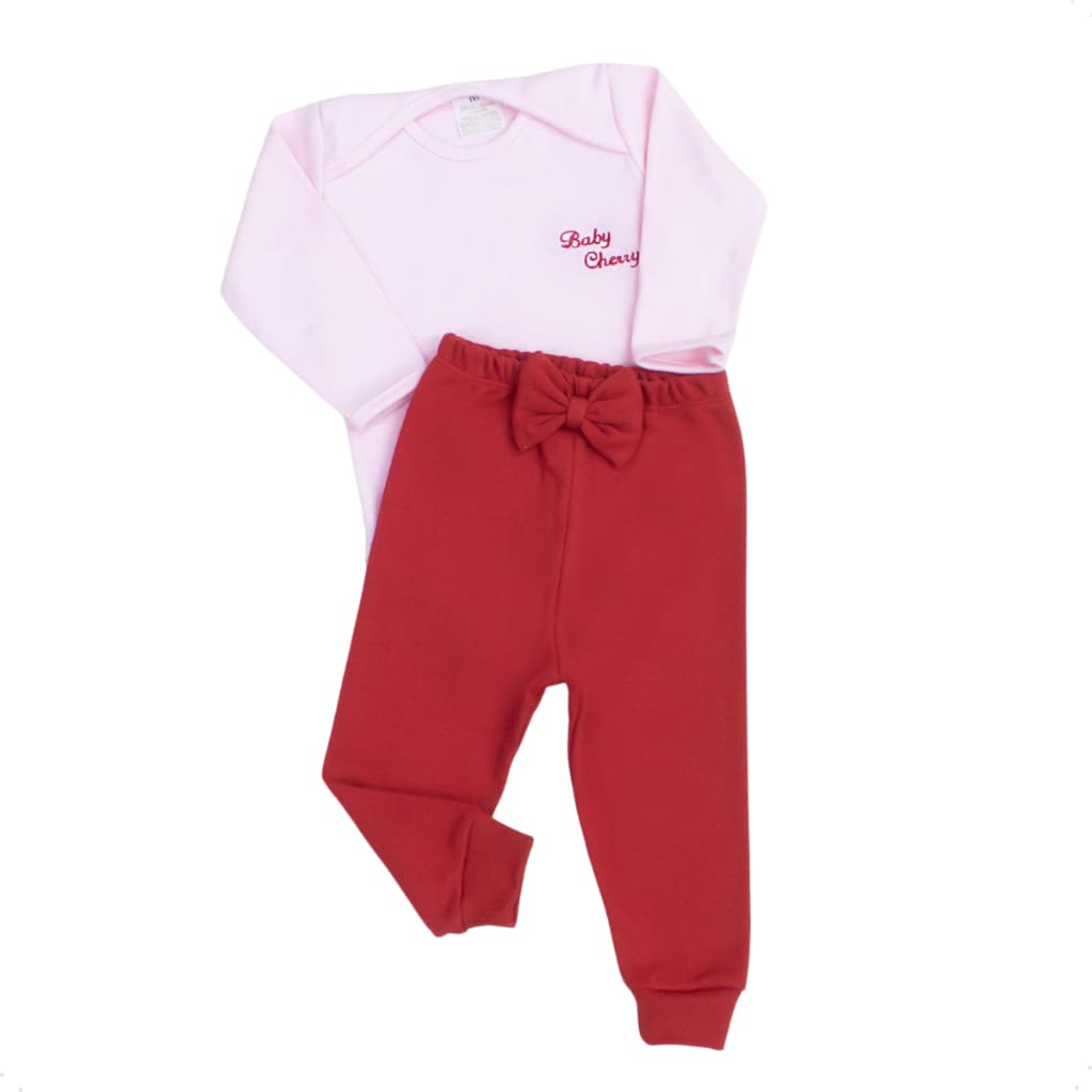 Conjunto Body e Calça Bebê Menina Bordado Baby Cherry Luxo Roupas de Bebê Feminino 100% Algodão