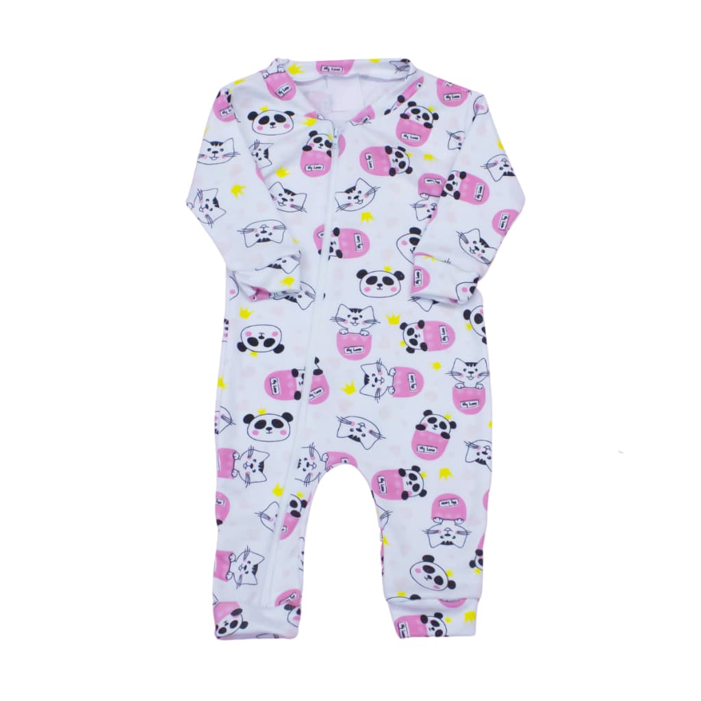 Macacão Zíper Bebe Menina Panda Rosa Malha Ribana 100% Algodão Roupas de Bebê Macacao Bebe Macio