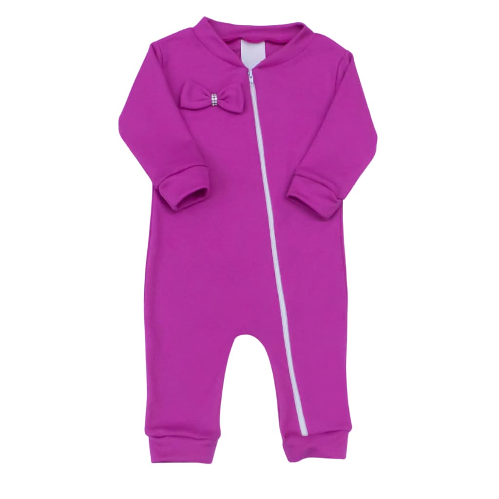 Macacão Zíper Bebe Menina Lacinho Pink Malha Ribana 100% Algodão Roupas de Bebê Macacao Bebe Macio