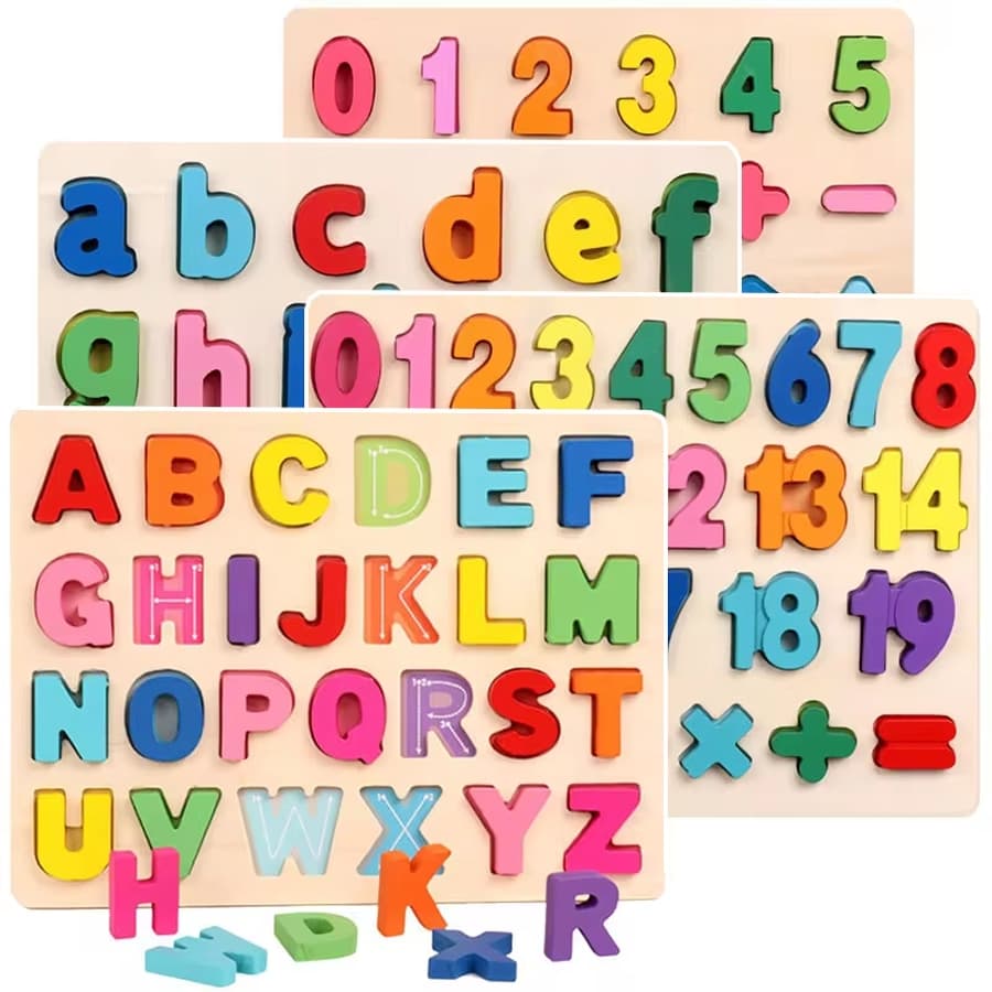 Kit 2 Quebra-Cabeça de Madeira 3d Brinquedo Educativo e Pedagógico Letras Formas e Numeros