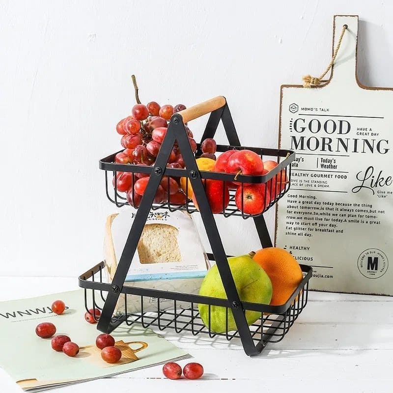 Fruteira de Mesa 35cm Cesta Frutas de Aramado 2 Andares Organizador Multiuso Premium Cabo de Madeira