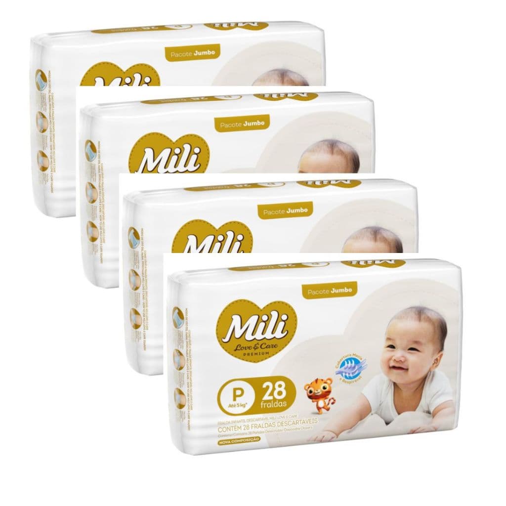 Kit 4 Fraldas P Descartável Mili Love& Care Pacotão 112 Unidades