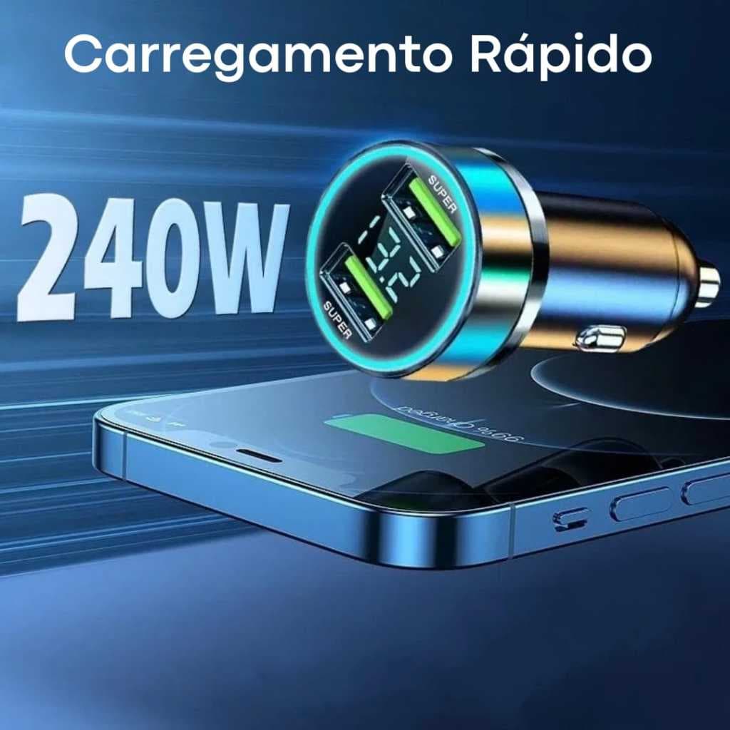 Carregador Veicular 240W Voltímetro Digital / Carregador Celular Carro Tomada USB Turbo