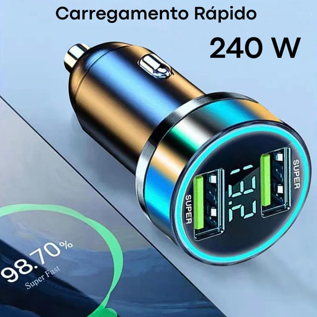 Carregador de Celular 240W Voltímetro Digital, Veicular Carro Duas USB Turbo