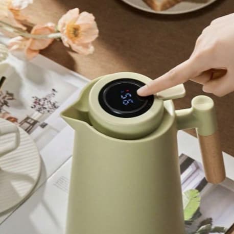 Garrafa Térmica A Vácuo Com Termómetro Digital E Cabo De Madeira 1 Litro Conservadora De Bebidas, Café Chá Quente Gelado Com Sensor Digital