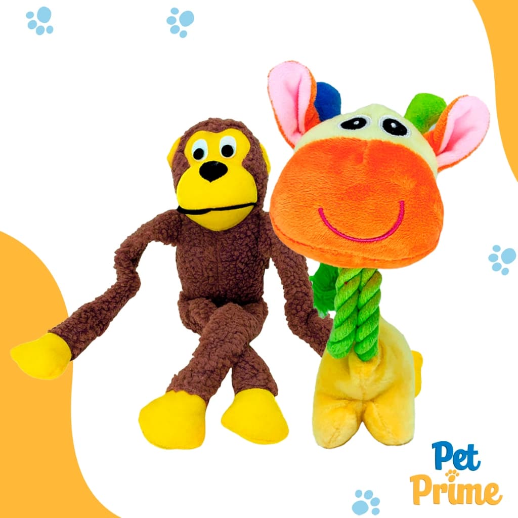 Kit 2 Pelúcias para Cachorro, Macaco 40 cm e Girafa Amarela com Apito Savana Pet