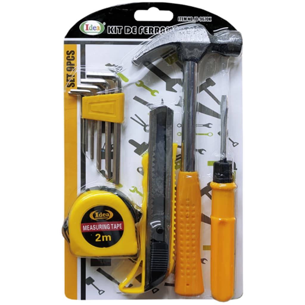 Kit Ferramentas 9 Peças Completo Idea com Martelo Trena 2m Estilete Chaves Allen Novo ID-9670K