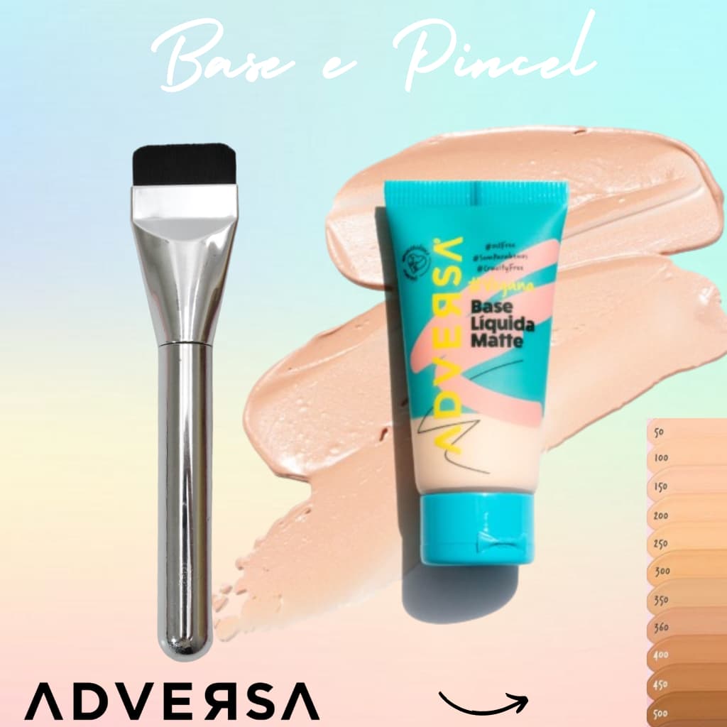 Base Líquida Vegana Matte Oil Free, Mais Pincel Reto De Corretivo, Base, Contorno kit com Base e Pincel