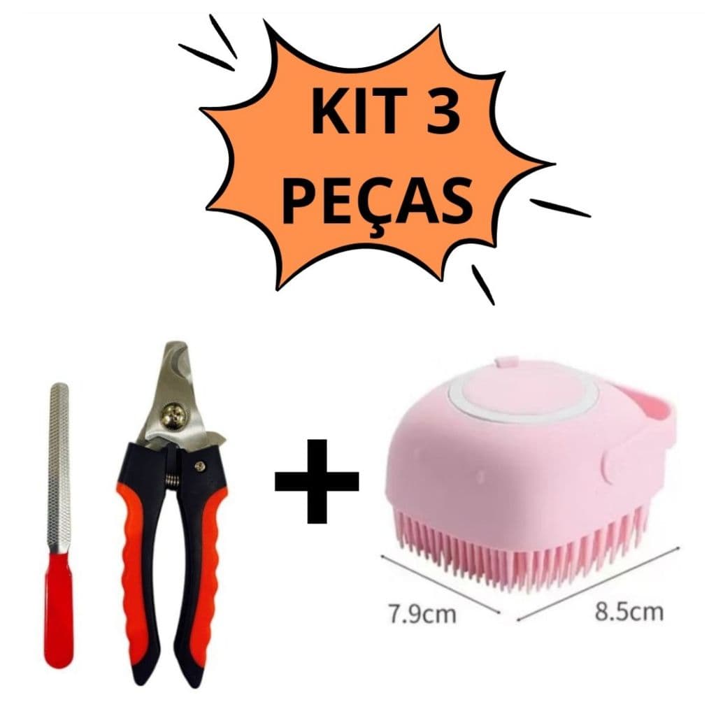 Kit Escova Pet de Silicone Para Banho Massageador Dispenser Shampoo e Cortador de unha Lixa Pets