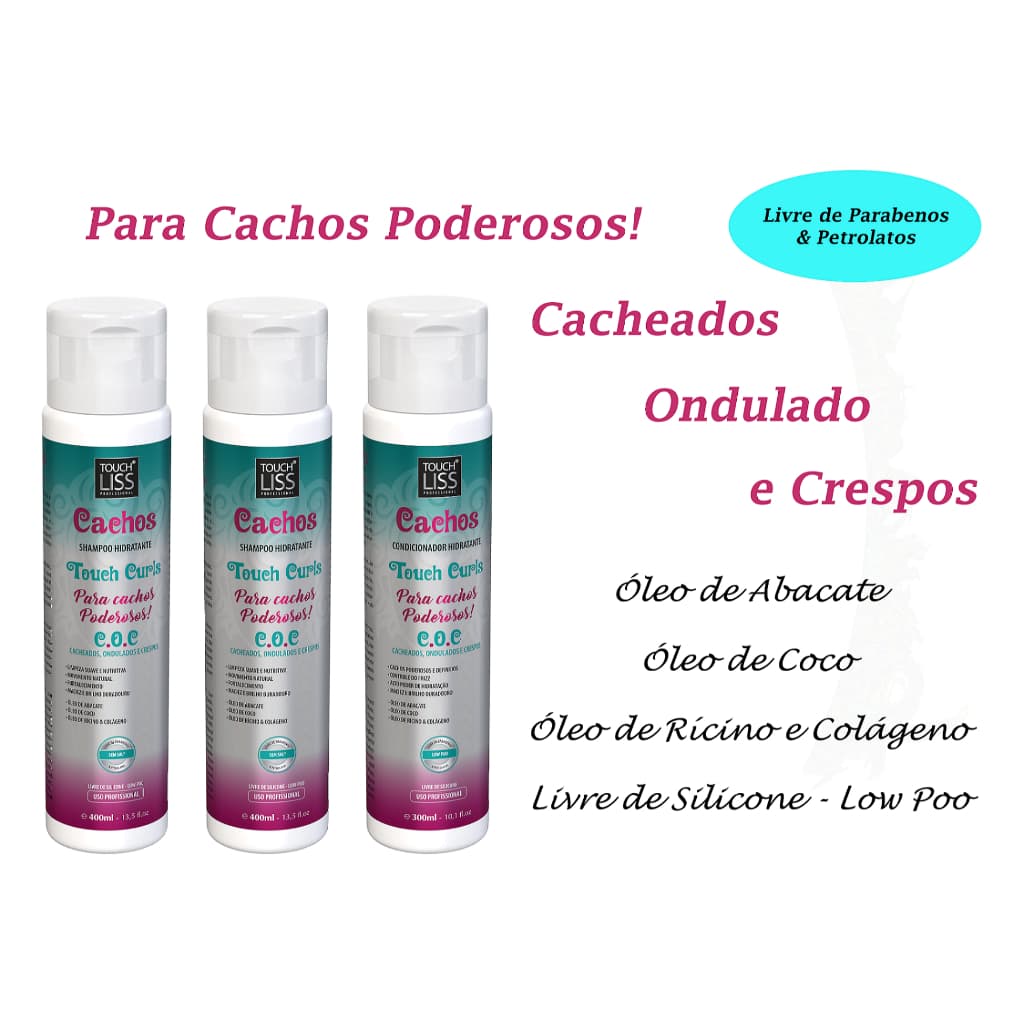 Kit 2 Shampoo Hidratante 400ml + 1 Condicionador Hidratante 300 ml Touch Curls Cachos - Touch Liss