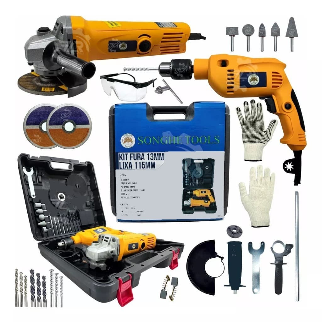 Kit Furadeira Parafusadeira 900w E Lixadeira Esmerilhadeira 900w Profissional Com 25 Peças E Maleta