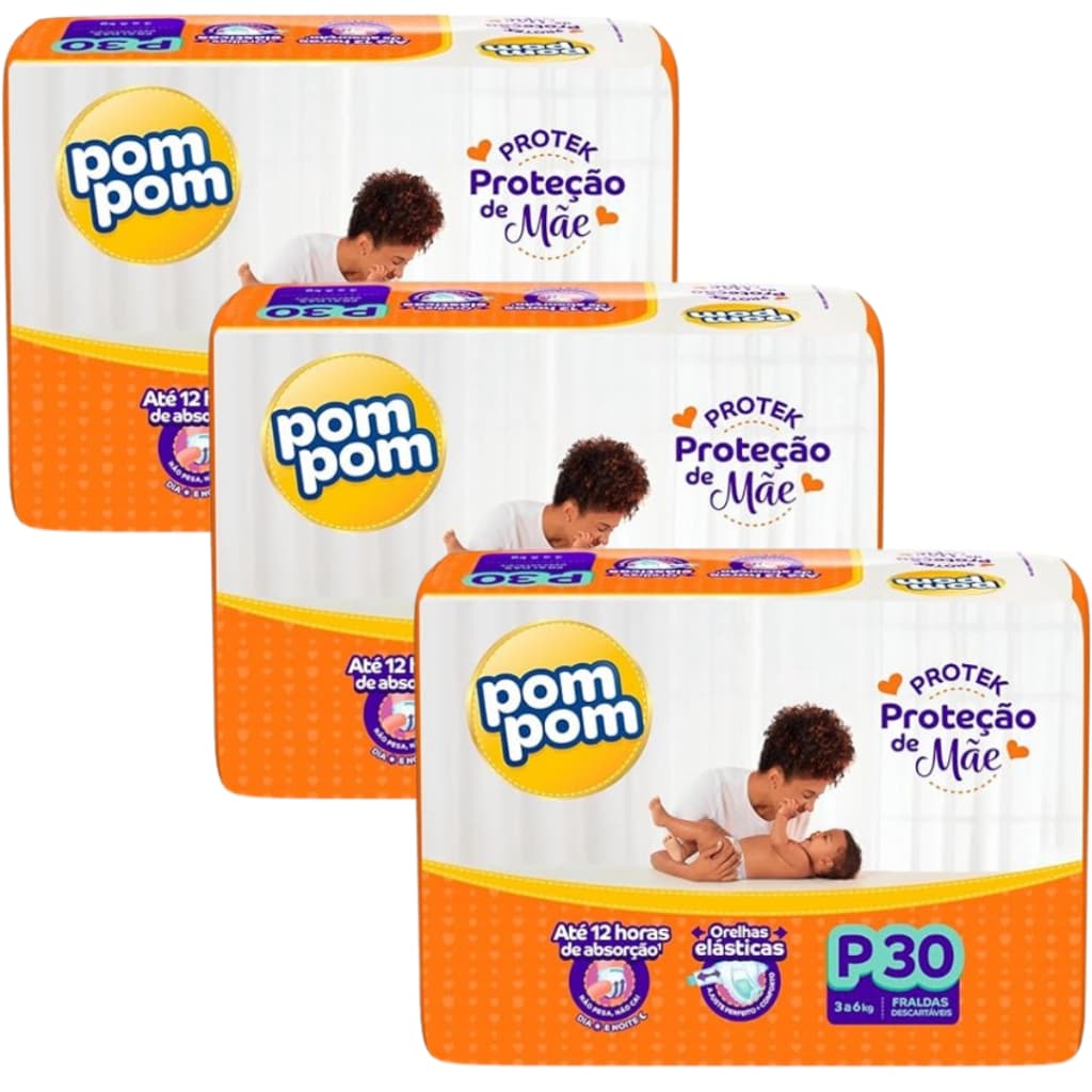 Fralda Descartável na Promoção Kit com 3 Pacotes Pompom Proteção de Mãe Jumbo - Todos os tamanhos